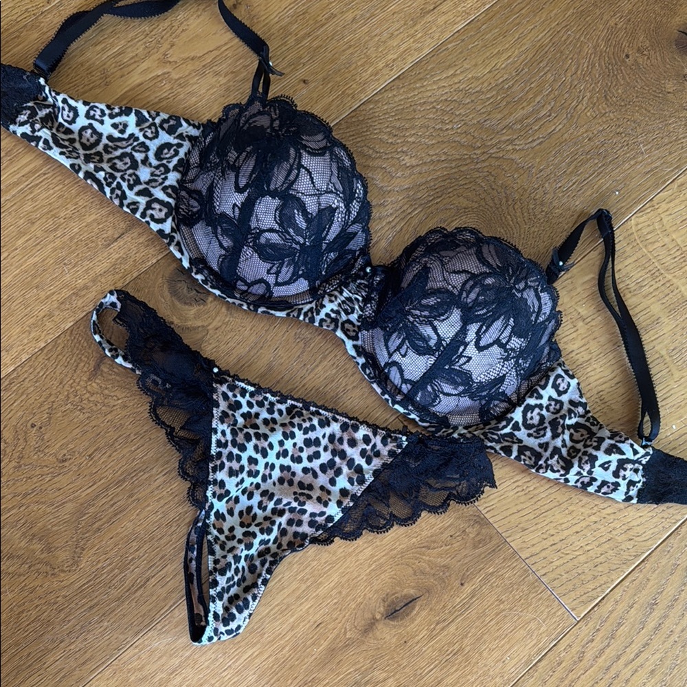 Victoria's Secret Black and Leopard Lace Bra with matching thong